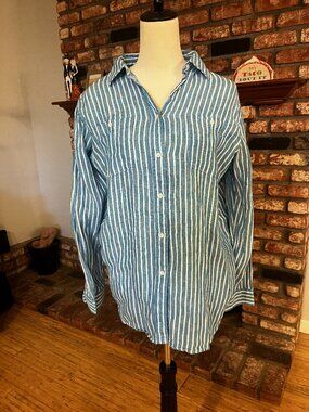 ✨ Lauren Ralph Lauren Striped Button Down Blouse Size Large Blue & White Classic